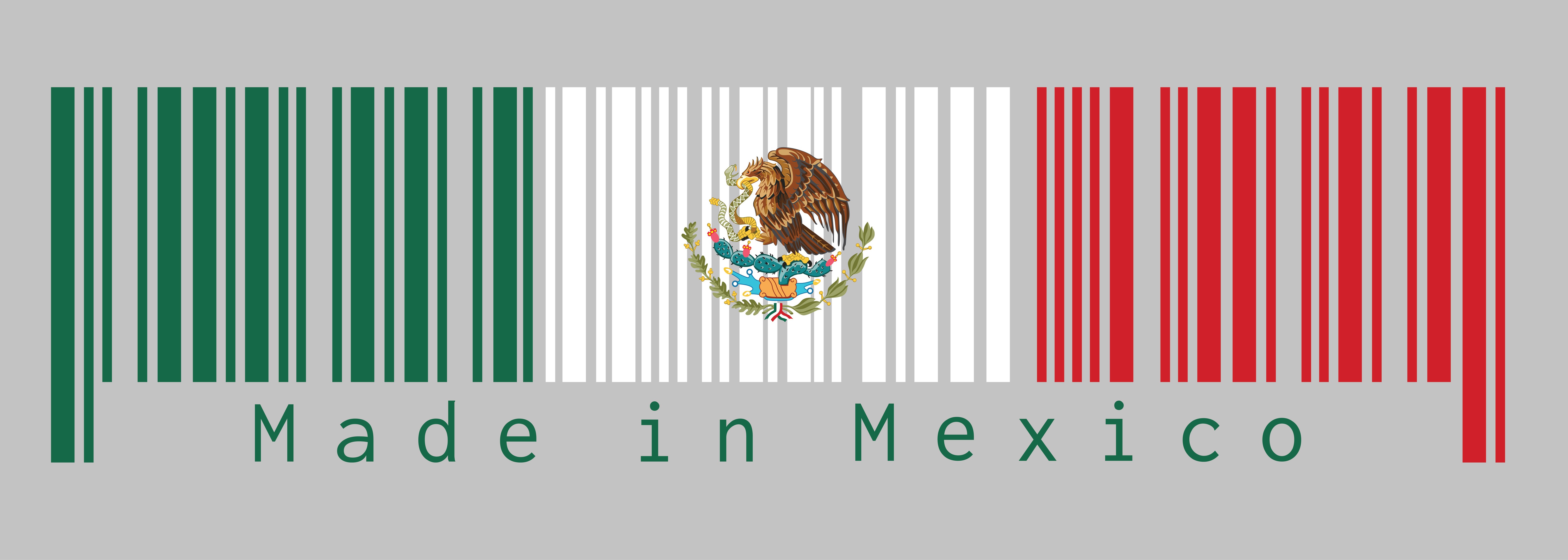 Barcode set the color of Mexico flag, a vertical tricolor of green white and red with the nation Coat of Arms centered on white. text: Made in Mexico. Concept of sale or business.